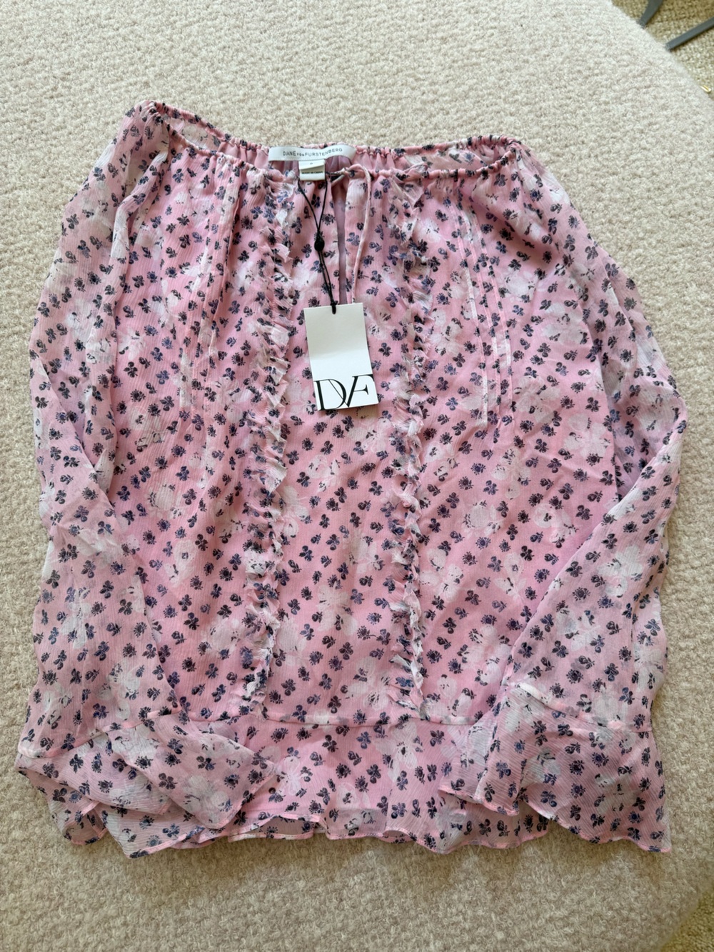 Diane Von Furstenberg Pink Floral Sheer Ruffle Blouse